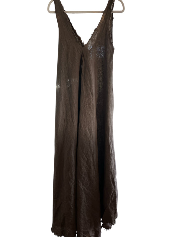 Chocolate Linen Sleeveless Dress with Fray Detail