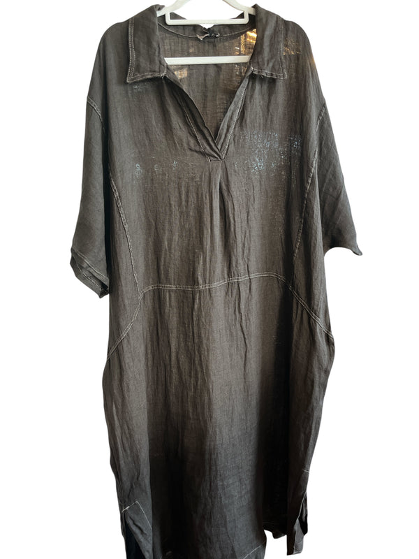Linen Dress with Contrast Stitching