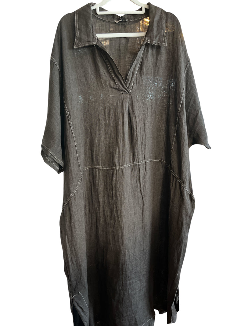 Linen Dress with Contrast Stitching