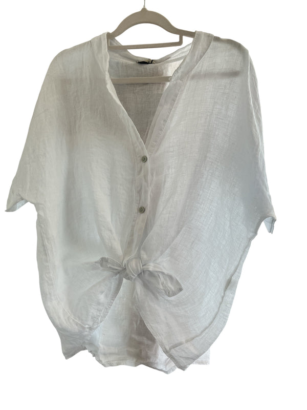 Linen Shirt with Tie Front in White