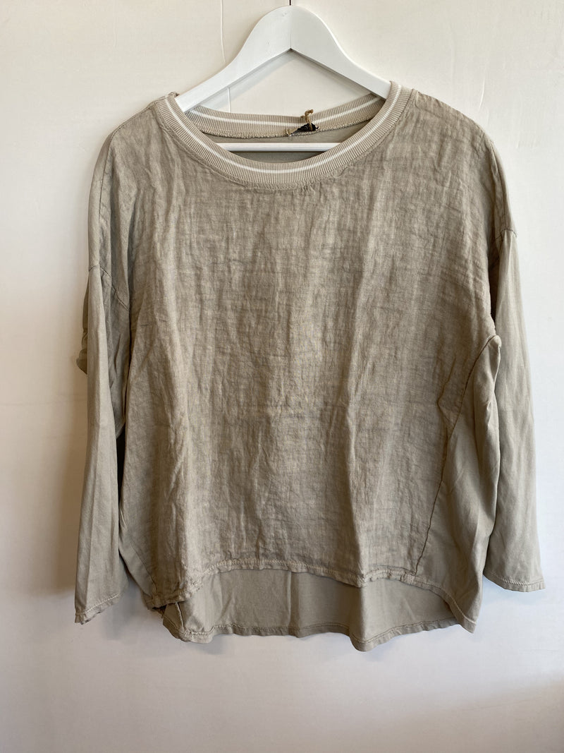 Linen and cotton long sleeve Top with stripe neckline - Drift Home and Living